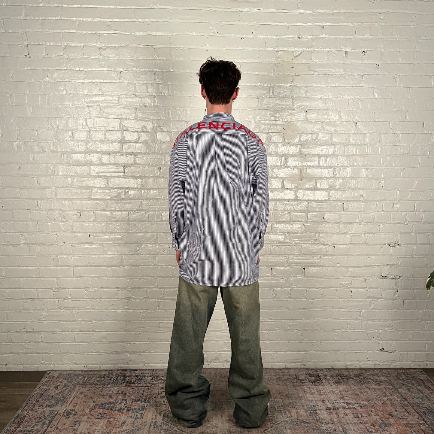 FB IN-STORE ONLY Balenciaga Blue Striped Necktie Detail Oversized Shirt - Size 38