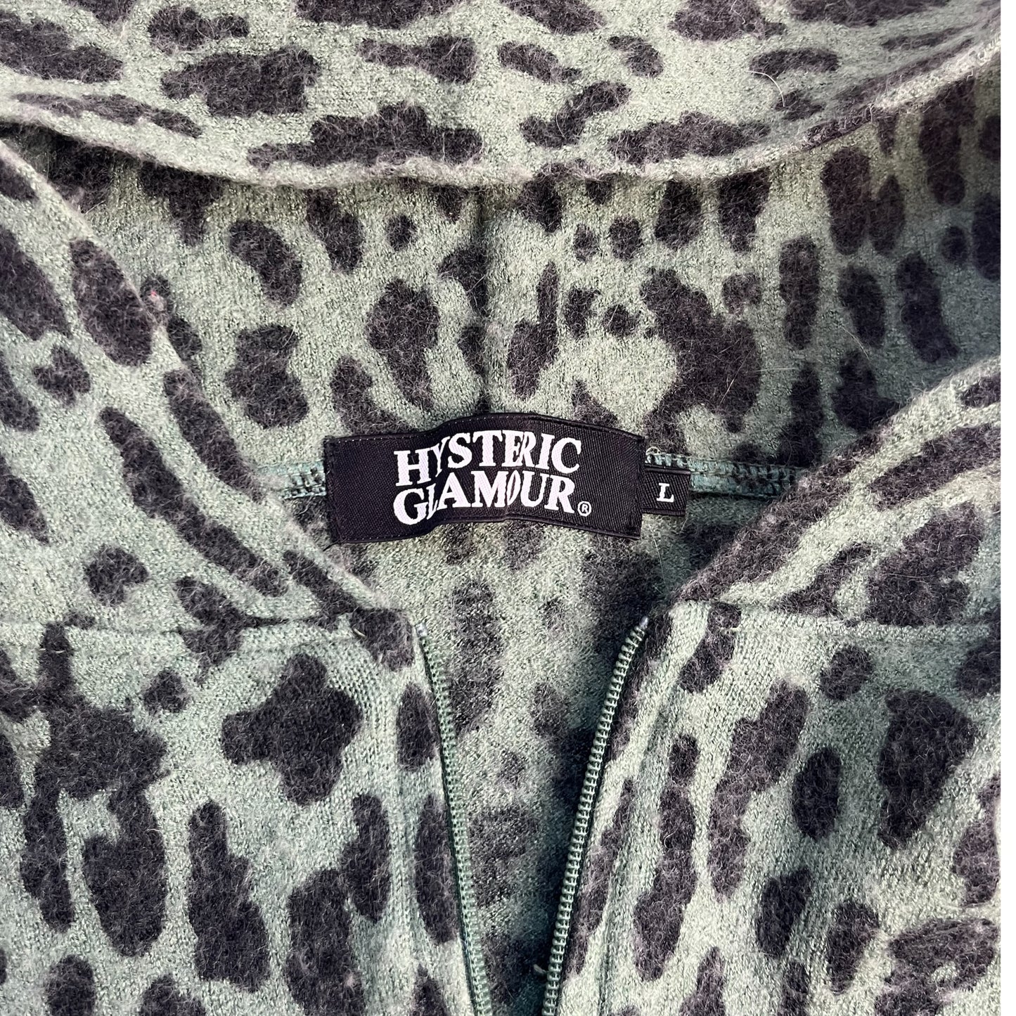 Hysteric Green Leopard Print Zip Up Hoodie - Size Large