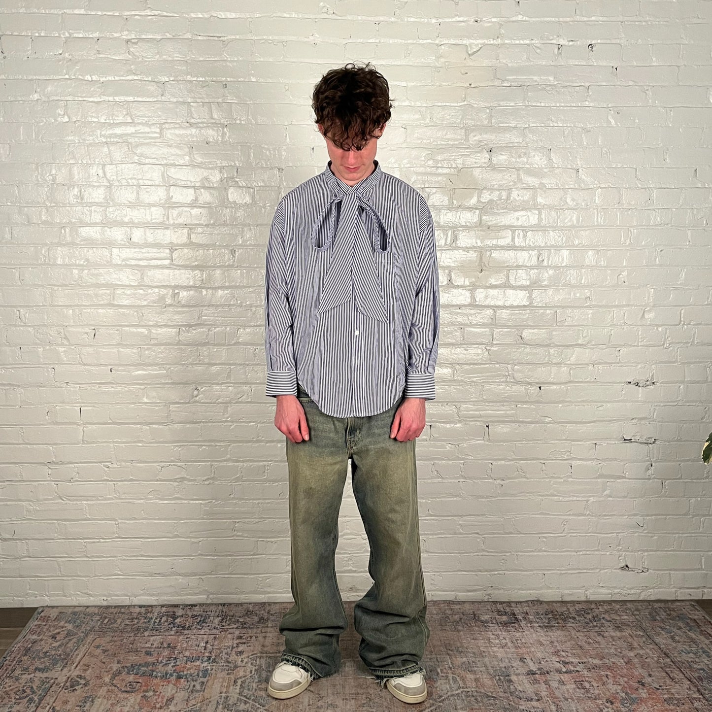 FB IN-STORE ONLY Balenciaga Blue Striped Necktie Detail Oversized Shirt - Size 38
